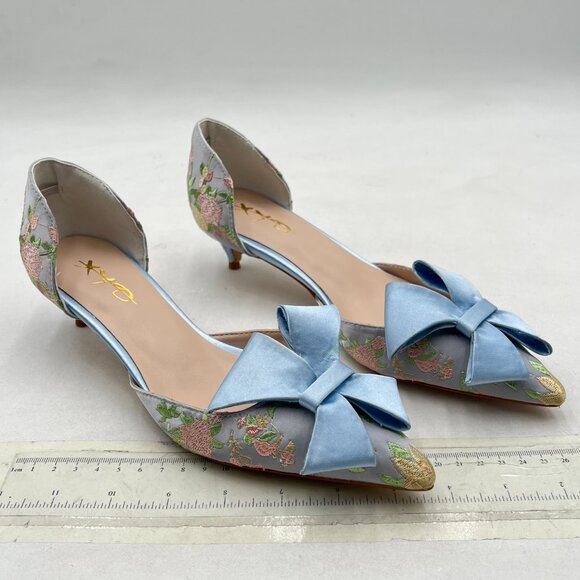 XYD Blue Flower Embroidery D'Orsay Kitten Heel Bridal Bowknot Pointed Toe Pumps - Picture 4 of 8